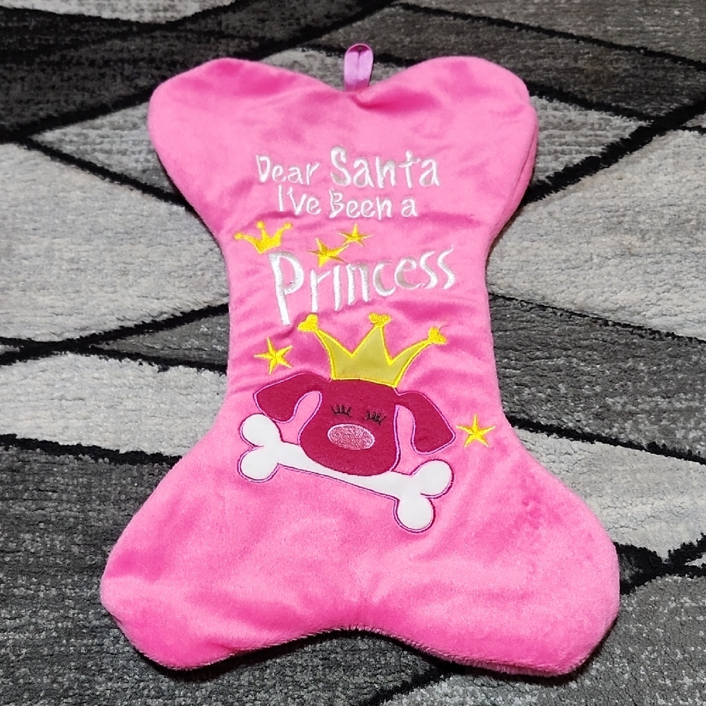 DAN DEE PINK BONE-SHAPED EMBRIODERED "DEAR SANTA IVE BEEN A PRINCESS" STOCKING